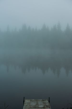 Old pier near lake on misty day