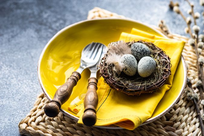 Easter holiday table setting with yellow plate and bird's nest