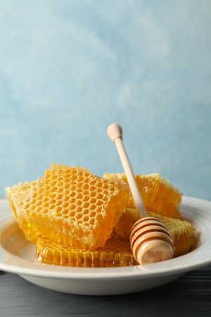 Plate with dipper and honeycombs on wooden background, space for text