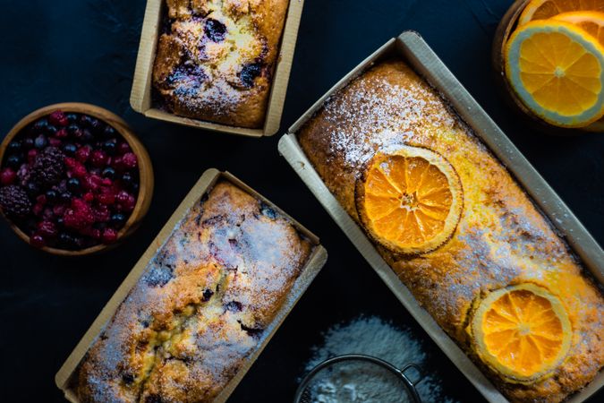 Top view of freshly baked fruit loaves