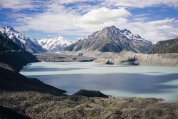 Landscape of pond and mountains