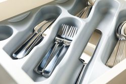Set of different metal cutlery, close up