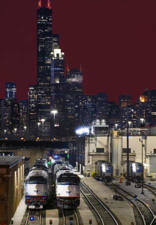 Train railyard at night in Chicago, Illinois, US