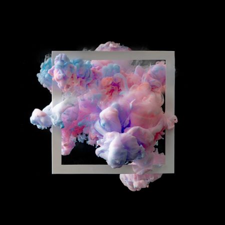Cloud-like pastel pink and blue color paint with frame on dark background