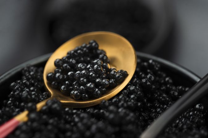Close up of caviar on golden spoon