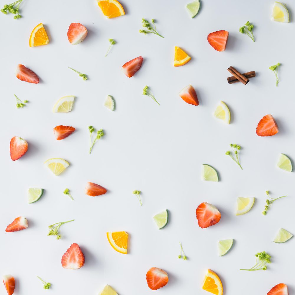 Pattern with strawberry, lime, oranges, leaves