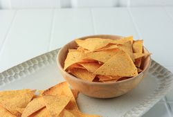 Nachos, Triangle Corn Chips on Wooden Bowl