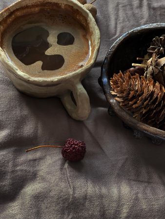 Top view of dark coffee in ceramic mug on bed with bowl of pine cones