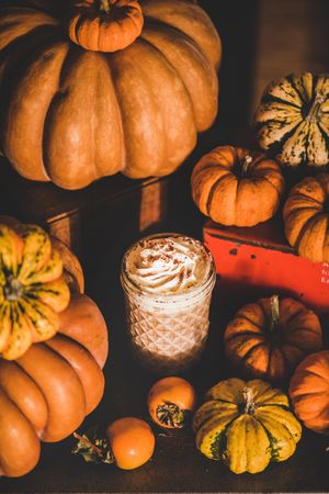 Three frothy drinks with whipped cream topping one table among decorative squashes, top view