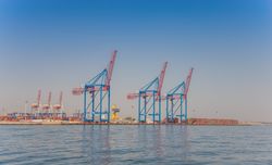 Freighters by the Black sea at Odessa seaport in Ukraine