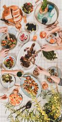 Flat-lay of hands of people eating