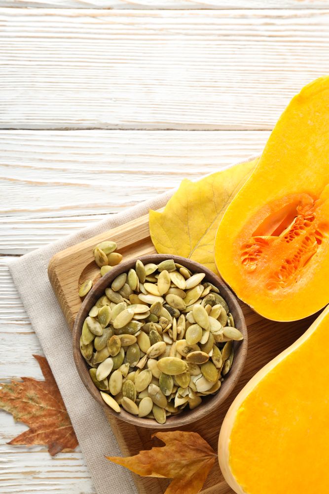 Concept of Autumn vibe food, Pumpkin, Pumpkin seeds