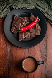 Hot beverage near plate with chocolate and pepper