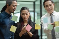 Business team brainstorming with sticky notes in office