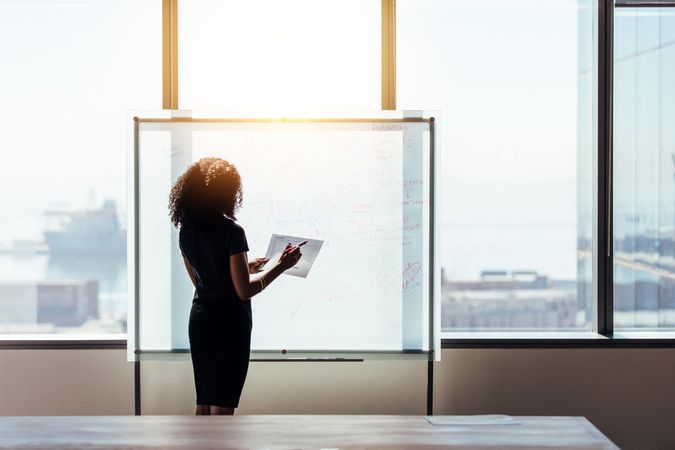 Female executive holding paperwork and marker in front of whiteboard
