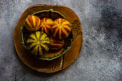 Top view of organic mini melons in bowl with copy space
