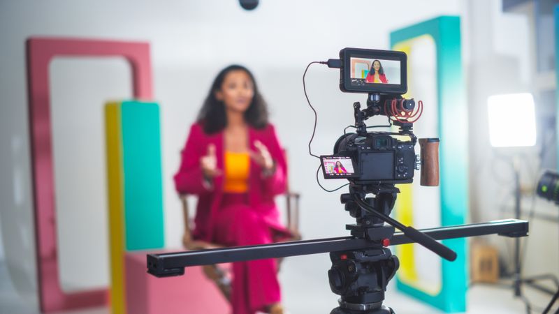 Vibrant Video Production Scene With A Female Host In A Pink Suit Engaging In A Lively Discussion, Captured On A Professional Camera Setup Against A Colorful, Modern Backdrop.