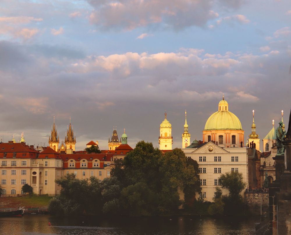 European city in evening. Evening Prague is on sunset.