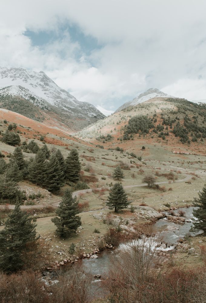 Wonderful valley with trees and high hills in cloudy weather