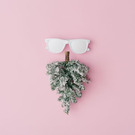Portrait with hipster sunglasses on pink background with copy space