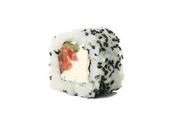 Delicious sushi roll isolated on light background