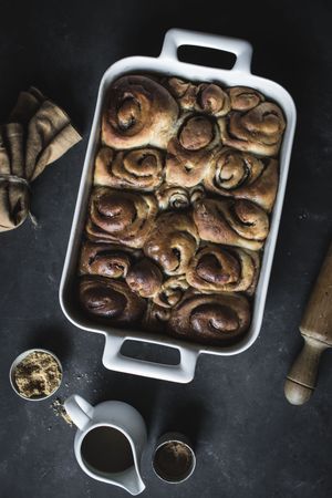 Baking dish with cinnamon rolls