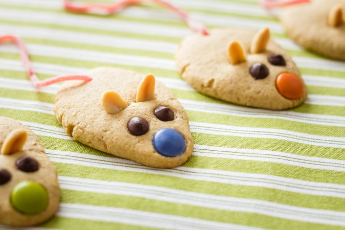 Cookies with mouse shaped and red licorice tail