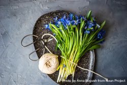 Top view of spring table setting with bunch of scilla siberica with string to bind bouquet 5oDDwG