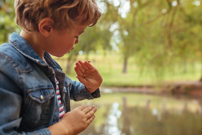 Small kid admiring an insect in his fingers