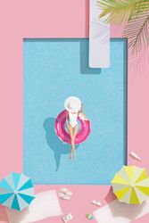 Barbie-like doll in donut ring in pool, with poolside parasols and towels