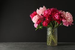 Glass vase with bouquet of beautiful peonies on wooden table against dark background, space for text