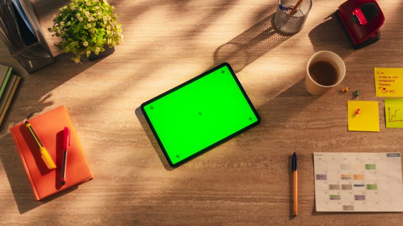 Top Down View of a Tablet with Mock-Up Green Screen Display. Device Lying Horizontally on a Wooden Table in a Creative Office. Template for Online Digital Marketing Campaign Or Social Media