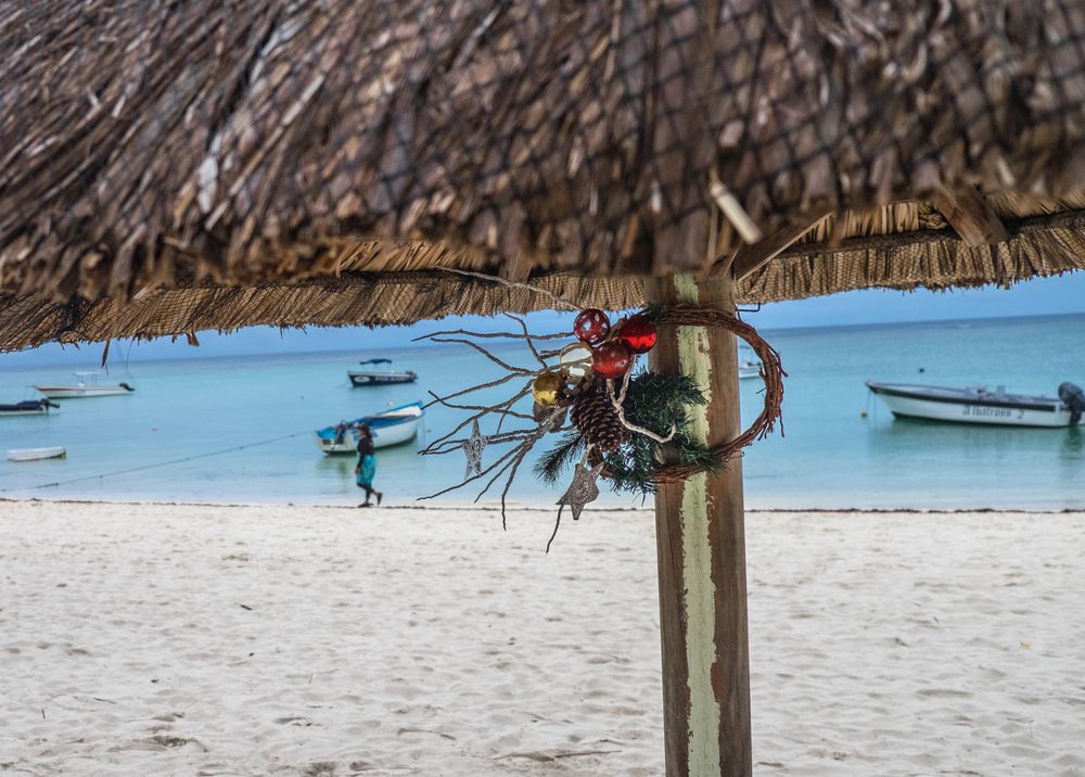 Minimal Christmas wreath hanging on the beach with the Indian Ocean in the background