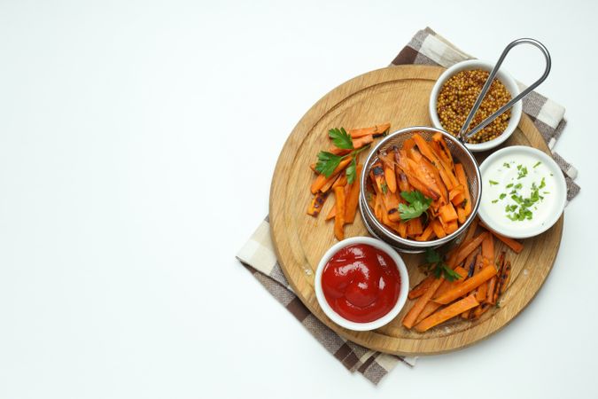 Concept of tasty food, fried sweet potato, space for text
