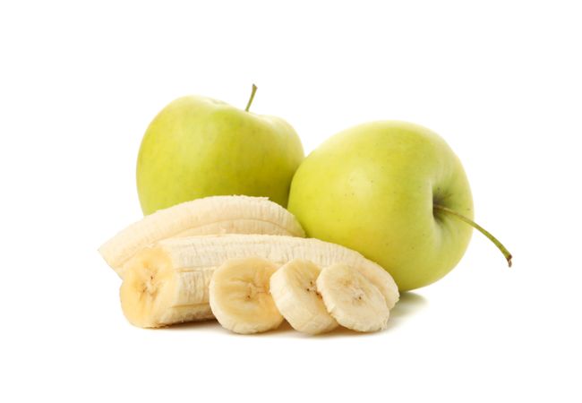 Bananas and apple isolated on neutral background. Fresh fruits