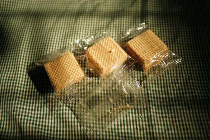 Three packages of wafers in the sunlight