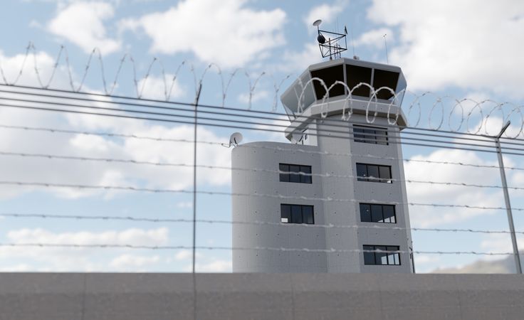 Air Traffic Control Tower Behind Barbed Wire Fence.