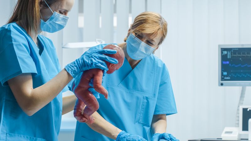 In the Hospital Woman in Labor Pushes and Gives Birth, Baby Comes out, Obstetricians Assist Delivery
