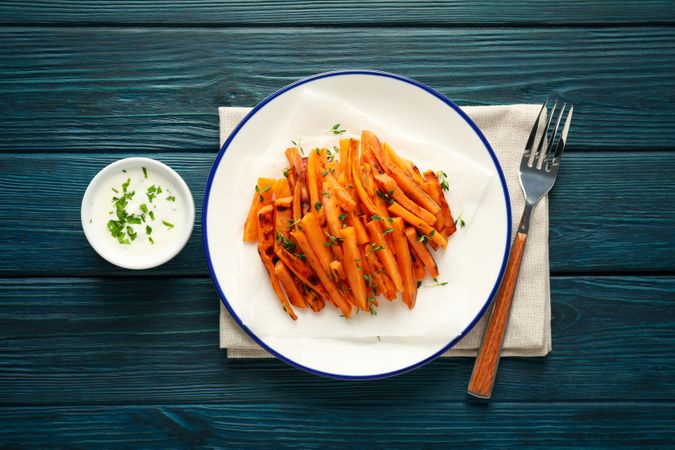 Concept of tasty food, fried sweet potato, top view
