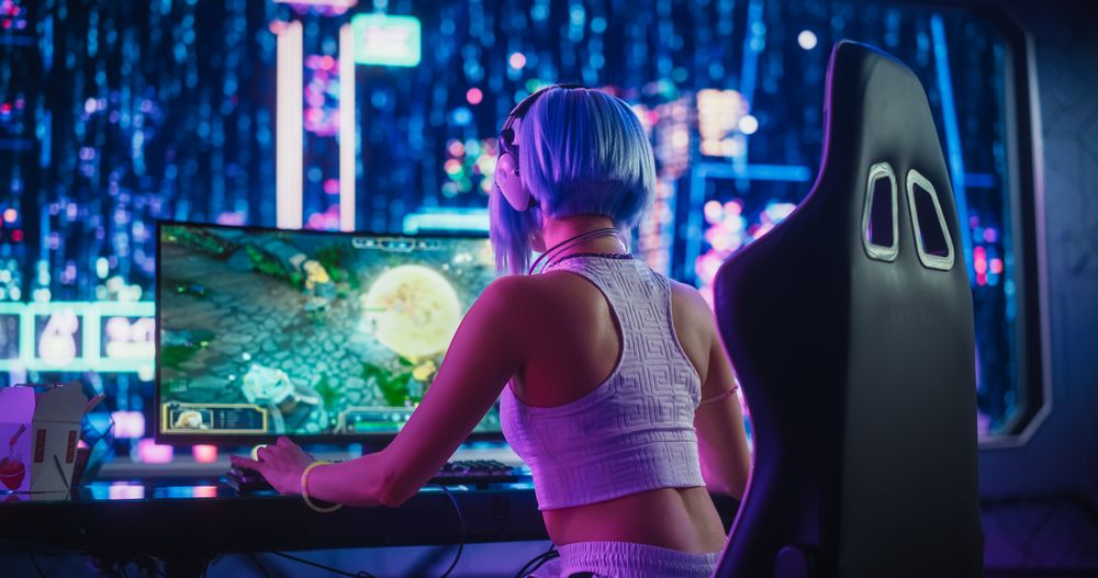 Video Game, Sci-fi and Entertainment Concept. Photo from the Back with Visible Screen