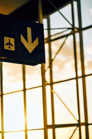 Signposts with image on airplane pointing direction