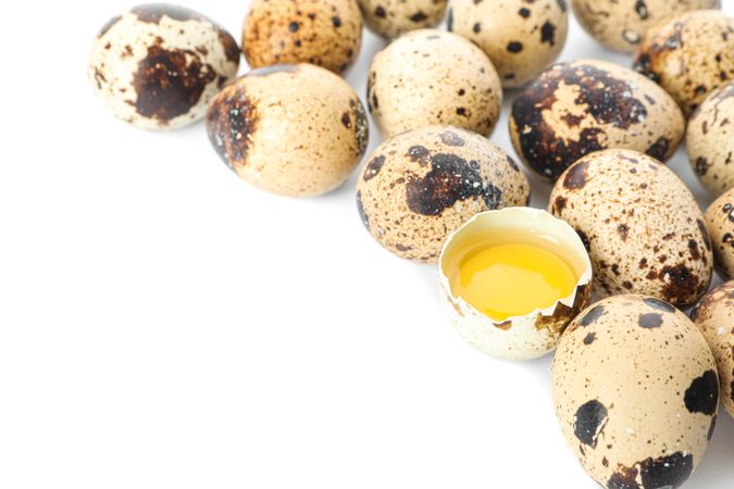 Quail eggs and half broken egg with yolk isolated on light background, closeup