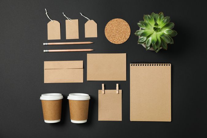 Flat lay composition with blank stationery and succulent on dark background, copy space