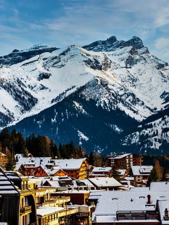 Swiss Alps winter landscape with snow and sun, mountains in Europe