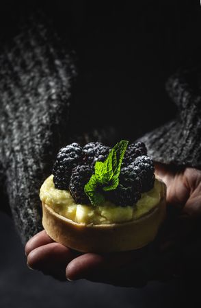 Hand holding a blackberry tartlet