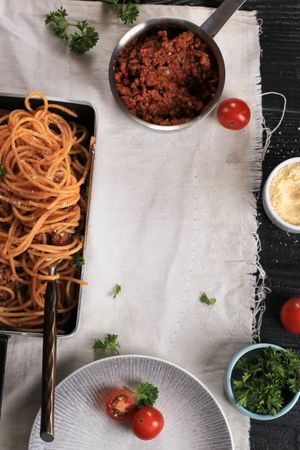 Delicious Spaghetti Bolognaise Served in Pan.