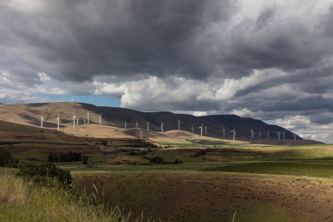 Wind turbines on a Columbia River Valley hillside, near Goldendale, Washington