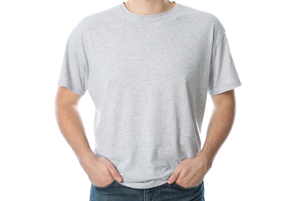 Men in blank grey t-shirt isolated on blank background, space for text