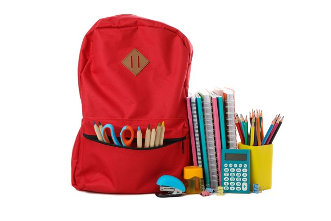 Different school supplies isolated on blank background