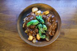 Top view of oxtail, cooked and ready to eat in a Spanish restaurant